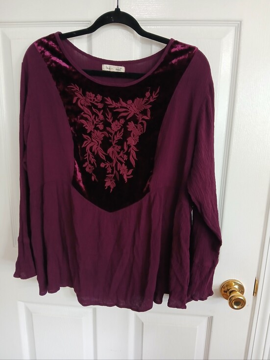 indigo soul Tops - Embroidered Velvet Panel Long-Sleeve Top — Plum Whimsigoth Fairy Grunge Boho